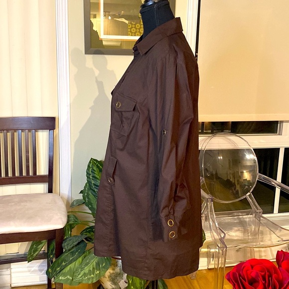 Y2K Bandolino stretch  brown jacket w/ antique brass snaps, belt loops (no belt) - Picture 10 of 12